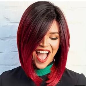 12 Inch Ombre Red Short Bob Wig with Straight Side Part & Bangs